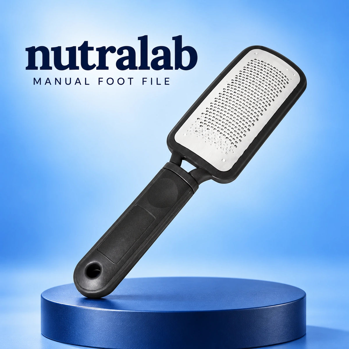 Nutralab manual foot file with black soft-grip handle and silver filing surface