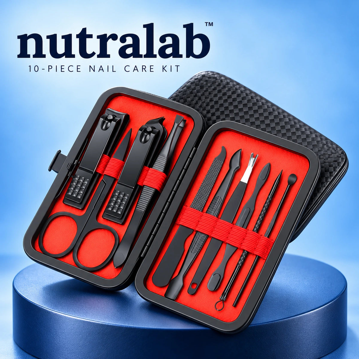 Nutralab 10-piece nail-care kit in a black case with red lining