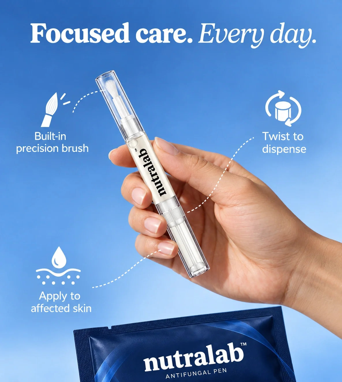 Close-up of the Nutralab precision brush pen held in a hand