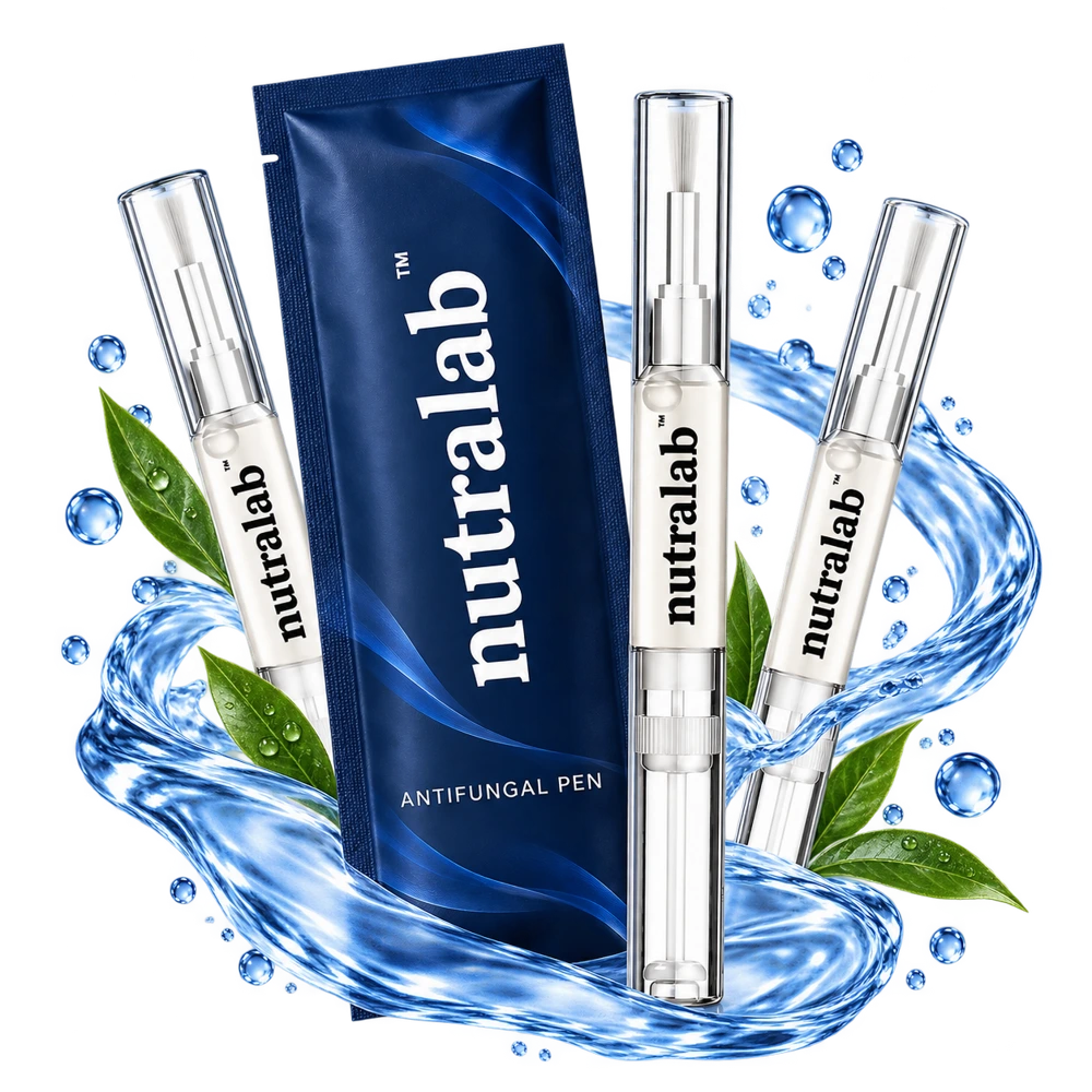 Nutralab transparent brush pens and navy sachet with a blue water ribbon